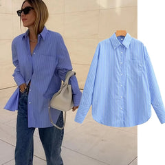 LIZAKOSHT - Fashion Blouse Women Blogger Boyfriend Loose Shirt Blue Striped Casual