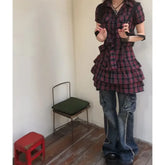 LIZAKOSHT - Vestidos De Mujer Summer Woman Dress Preppy Style Short Sleeve Bandage Vintage Shirt Robe Femme Casual Plaid A-line Dresses