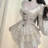 LIZAKOSHT - French Fluffy Skirt Two-Piece Suit Pure Lust Style Long-Sleeved Top Sweet And Spicy Slimming Lace Splicing Chic Versatile