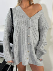 LIZAKOSHT - Twill Loose Sweater Cardigan for Women Elegant Long Sleeve Oversized Buttons Knitted Top Solid Fall Streetwear Sweaters