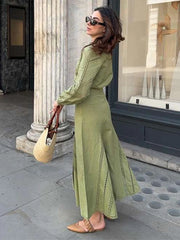 LIZAKOSHT - Hollow Out Green Long Skirt Set Embroidered Long Sleeved Shirt Single Breasted Elegant Half Body Fishtail Skirt Women's Clothing