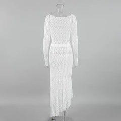 LIZAKOSHT - Sexy and Transparent White Lace Set for Women 2025 Summer Niche Long Sleeve Dress Set