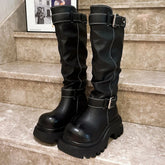 LIZAKOSHT - Brand New Winter Vintage Brown Platform Boots Women Gothic Black Chunky Heels Knee High Boots Women Motorcycle Boots Shoes