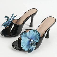 LIZAKOSHT - Fashion Flower Slippers Women Up Size 42 43 Designer High Heels Sandals Female Patent Leather Open Toe Slides Sandalias De Mujer