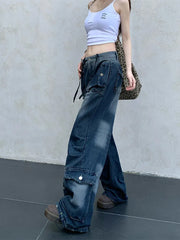 LIZAKOSHT  -  Trashy Y2K Streetwear Multi Pockets Baggy New Jeans Cargo Pants Women Clothes Wide Leg Loose Straight Lady Denim Trousers