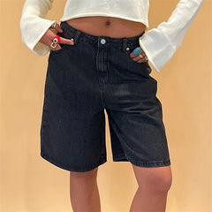 LIZAKOSHT - Jeans Shorts y2k Clothes Women Solid Color High Waist Loose Denim Hot Pants with Pockets 2000s Clothing Streetwear