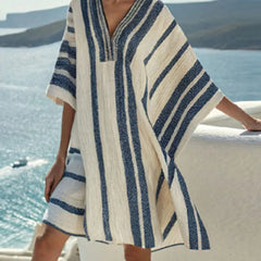 LIZAKOSHT - Summer Loose Batwing Sleeve Boho Dress Vestidos Casual Retro Ethnic Beach Style Dress Elegant Striped Print V Neck Holiday Dress