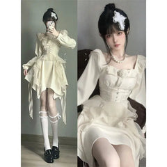 LIZAKOSHT  -  Hikigawa Spring Solid Causal Women Dress All Match Long Sleeve Slim Waist Dresses Vintage Chic Fashion Elegant Vestido De Mujer