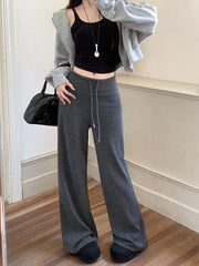 LIZAKOSHT - Harajuku Striped Women Pants Fall Winter Loose Casual Streetwear Wide Leg Trouser Female Retro Lace Up Straight High Waist Pants