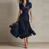LIZAKOSHT - Temperament Lapel Short Sleeve Commute Dress Elegant Lady High Waist Pleated Dress Summer New Solid Color Simple Party Dresses