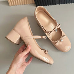 LIZAKOSHT  -  Patent Leather Round Toe Chunky Mary Jane Shoe Woman Pumps Shallow Leisure Dress Shoes Crystal Fashion Sweet High Heeled Women