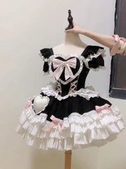 LIZAKOSHT - Kawaii Lovely Bow Lolita Dress Women's Design Sweet Slim Patchwork Japanese Dresses Summer Pretty Lace Up Thin Princess Dress