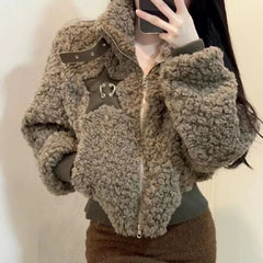LIZAKOSHT - Vintage Star Patchwork Fluffy Women Coats Fashion Y2k Aesthetic Double Zippers Jackets New Winter Grunge Casual Loose Crop Coat