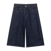 LIZAKOSHT - Fashion Baggy Deep Blue High Waist Ripped Hole Straight Knee Length Wide Leg Jeans Women Loose Denim Pants Short Trousers