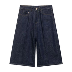 LIZAKOSHT - Fashion Baggy Deep Blue High Waist Ripped Hole Straight Knee Length Wide Leg Jeans Women Loose Denim Pants Short Trousers