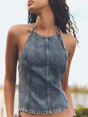 LIZAKOSHT - Vintage Women Blue Top 2024 Fashion Spring Casual Commute Loose Halter Top Straight Eastern Style Hanging Neck Jean Top