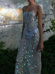 LIZAKOSHT - Elegant Lace Maxi Dress Sleeveless V-Neck Floral Embroidery Mesh Overlay Evening Gown with High Slit and Open Back