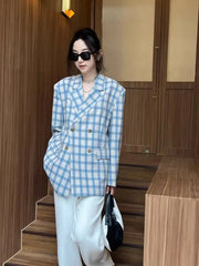 LIZAKOSHT  -  Blazer Plaid Button Design Blue Casual Women'S Spring And Autumn Korean Style High-End Design Hong Kong Style Retro Suit Trend