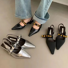 LIZAKOSHT  -  Sexy Rivet Slippers Women Low Heel Slingback Sandals Female Summer Pointed Toe Slide Chunky Designer Mules Pumps Sandalias Women