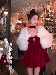 LIZAKOSHT - Sexy Velvet Short Dress Women Bow Red Vintage Sweet Party Dress Female Sleeveless Korean Fairy Mini Evening Dress Winter