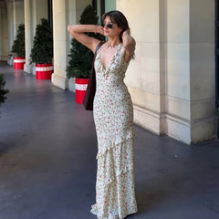 LIZAKOSHT  -  Floral Print Sexy V Neck Ruffles Elegant Bodycon Maxi Dresses Spring Fashion Holiday Streetwear Party Women Vestidos