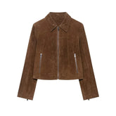 LIZAKOSHT  -  Fashion Suede Short Jackets Women Vintage Lapel Zippers Long Sleeve Pocket Jacket Coat 2025 New Autumn Winter Casual Streetwear