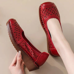 LIZAKOSHT - Women's Summer Real Leather Wedge Red Flats Cut out Loafers Vintage Breathable Slip-On Shoes Luxury Hollow Moccasin Female
