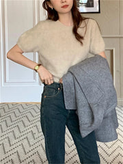 LIZAKOSHT - Chic Women Jumpers Knitted Solid Warm Spring Loose Sweet Short Sleeve Sweaters Pullovers Bottoming Fashion Slim