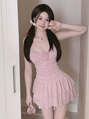 LIZAKOSHT - Summer Pink Sexy Sweet Strap Dress Women Korean Fashion Party Mini Dress Female Ruffled Backless Designer Suspender Dress