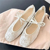 LIZAKOSHT - Embroidery Mesh Fabric Round Toe Flats Heels Women Sandals Summer Elegant Bowknot Lace-up Dress Mule Shoes