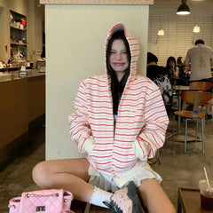LIZAKOSHT - Korean Style Striped Sweater Jacket Hooded Cardigan Zipper Pocket Zipper New Loose And Versatile Long-Sleeved Sweet