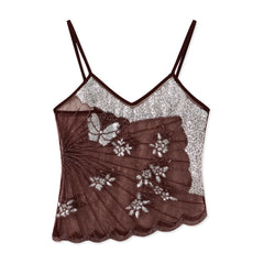 LIZAKOSHT - Y2K Sequin Butterfly Tops Women Sleeveless Spaghetti Strap Sheer See Through Camisole Party Clubwear Summer Date Night Outfits