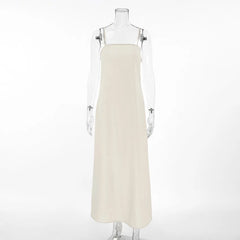LIZAKOSHT - Spring and Summer Commuting Khaki Cotton and Linen Suspender Dress Women's Fashion Loose A-shaped Long Dress
