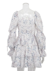 LIZAKOSHT - Ruffled Printed Lace-Up Mini Dress Female Square Collar Patchwork Elegant Contrast Party Dress Clothes Women Bodycon Dress