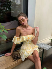 LIZAKOSHT - Women Pink Floral Print Chiffon Mini Dress Off Shoulder Short Sleeve Layer Ruffle Hem Summer Dresses Beach Vacation Party Gown