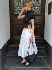 LIZAKOSHT  -  Elegant Pleated Lace Up Top Women Hallow Out Solid Short Sleeve High Neck Shirts Female Spring summer Versatile Street Tops