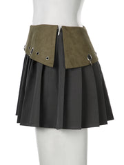 LIZAKOSHT - Dark Patchwork A-Line Pleated Skirt Gothic Mid-Waisted Mini Skirts Women Autumn Winter Fashion Streetwear Ladies