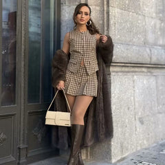 LIZAKOSHT - Plaid Skirt Suit Slim Suit Women's 2-piece O-neck Vest+trouser Skirt Summer Ladies' Elegant Suit New