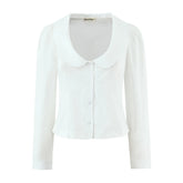 LIZAKOSHT - Sweet Spring White Peter Pan Collar Long Puff Sleeve Shirt Women Single-breasted Buttons Slim Waist Short Blouse Tops CHIC
