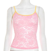 LIZAKOSHT - Woman Clothing Y2K Lace Camisoles Streetwear Girls Sexy See-through Corset Top Night Club Outfit Patchwork Pink Crop Top