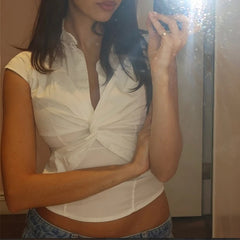LIZAKOSHT - Vintage Sexy Polo Neck Twisted Ruched White Tees Casual Slim Fit Low-cut Neck Solid Cropped Tops Trend All-match Streetwear