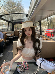 LIZAKOSHT - Cute Set Women's Summer Short-sleeved Square Collar Top High Waist A-line Skirt Two-piece Set Fashion Female Clothes