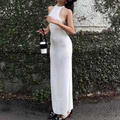 LIZAKOSHT - y2k Long Dress Women Summer Solid Color Spaghetti Strap Sleeveless Tie Up Backless Dress Sexy Club Party Dresses