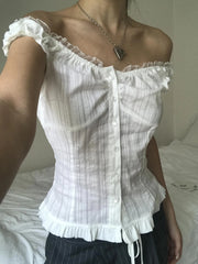 LIZAKOSHT - Lace-up Solid Sexy Button Tees Slim Casual All-match Harajuku Fashion Women's Top Korean Style Aesthetic Clothings