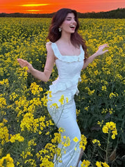 LIZAKOSHT  -  Women Fashion Ruffle Square Neck Maxi Dress Elegant Solid Sleeveless Split Bodycon Dresses 2024 Summer Female Party Evening Robe