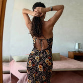 LIZAKOSHT - Vintage Romantic Floral Suspender Dresses Holiday Charming Sleeveless Backless Lace-up Hollow Bodycon Pleated Maxi Sundress