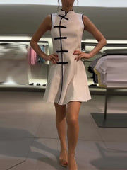 LIZAKOSHT - Sleeveless Qipao-Style Mini Dress with Knot Buttons Stand Collar Satin Dress Summer Casual & Streetwear Qipao Mini Dress