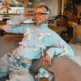 LIZAKOSHT - Autumn Splice Bows Sweater Knitted Cardigan For Women Stand-Up Collar Zipper Slim Short Sweater Top Long Sleeves Sweet