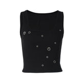 LIZAKOSHT - Trend Black Sexy Metal Eyelet Skinny U Collar Sleeveless Strap Short Vest Tank Tops Hottie Y2K Casual Rave Party Streetwear