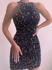 LIZAKOSHT - Sexy Off Shoulder Sleeveless Slim Mini Party Dress Ladies Elegant Sequin Shiny O Neck Dress Summer Women Fashion Bag Hip Dresses